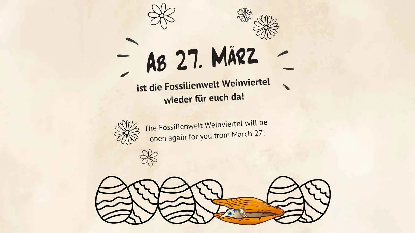 Poster announcing Fossilienwelt Weinviertel reopening March 27 with illustrated fossils.