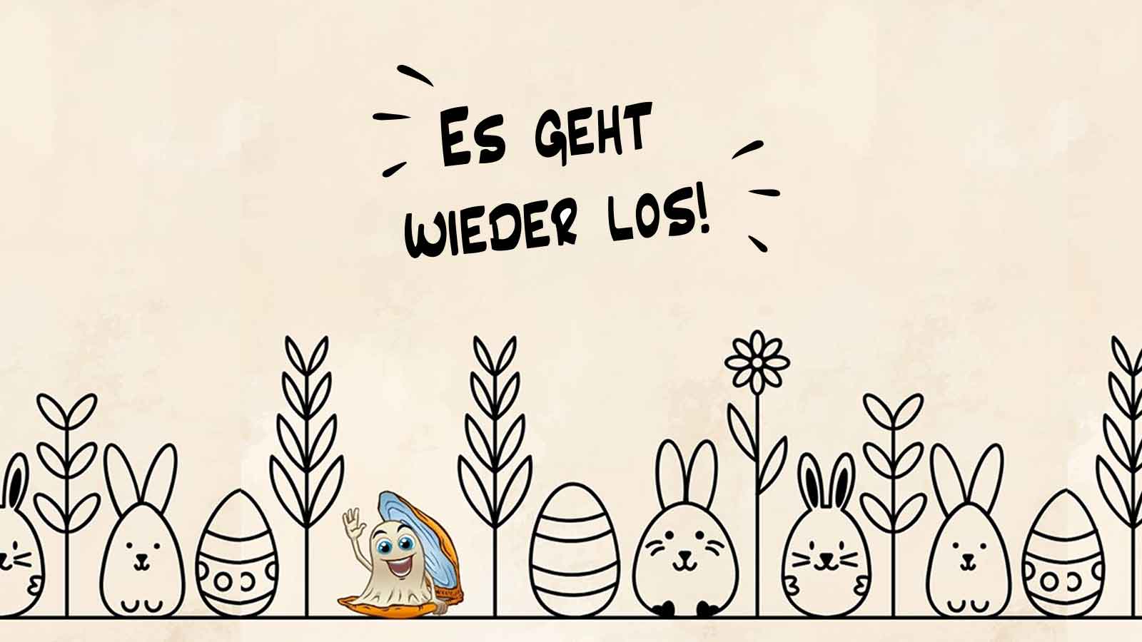Ostergrafik mit Hasen, Eiern und Text „Es geht wieder los!“
